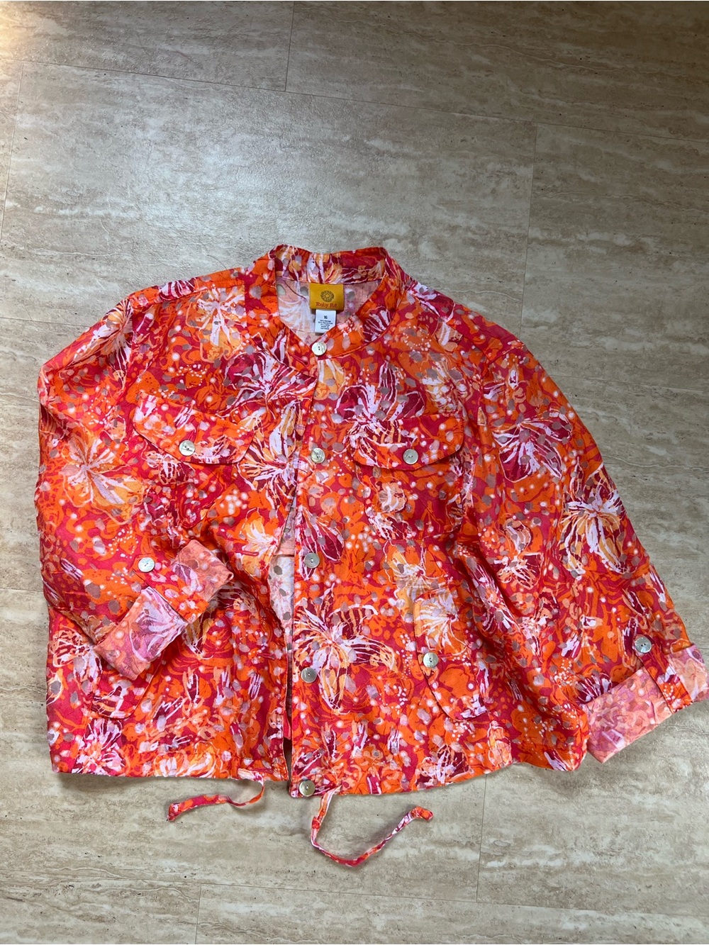 Ruby Rd. Red Orange Abstract Floral Drawstring Roll-Tab Sleeve Shirt Jacket 16